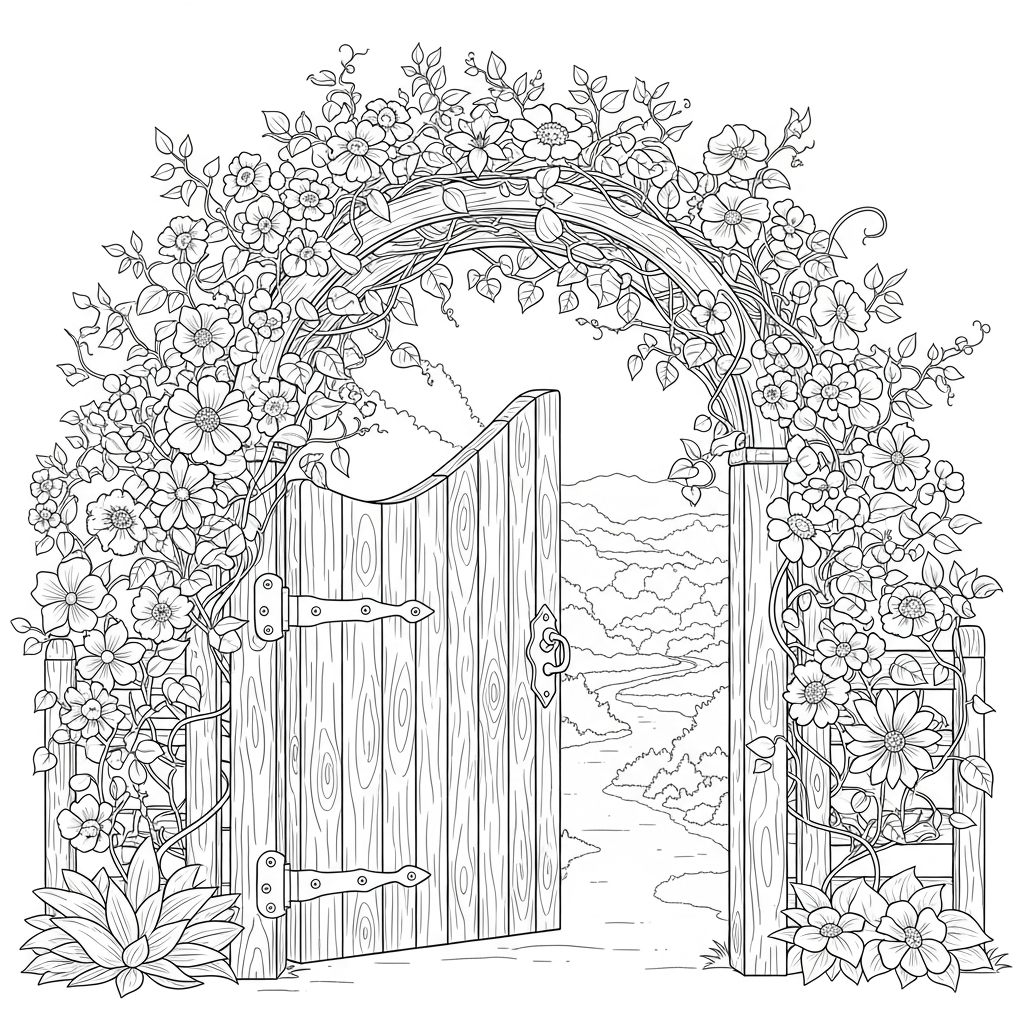 Intricate Flowering Garden Gate - Coloring.app, image size:1024x1024
