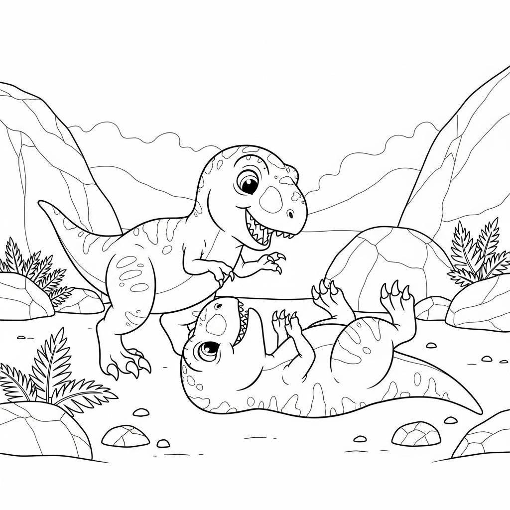 Baby T-Rex Friends Playing - Coloring.app, image size:1024x1024