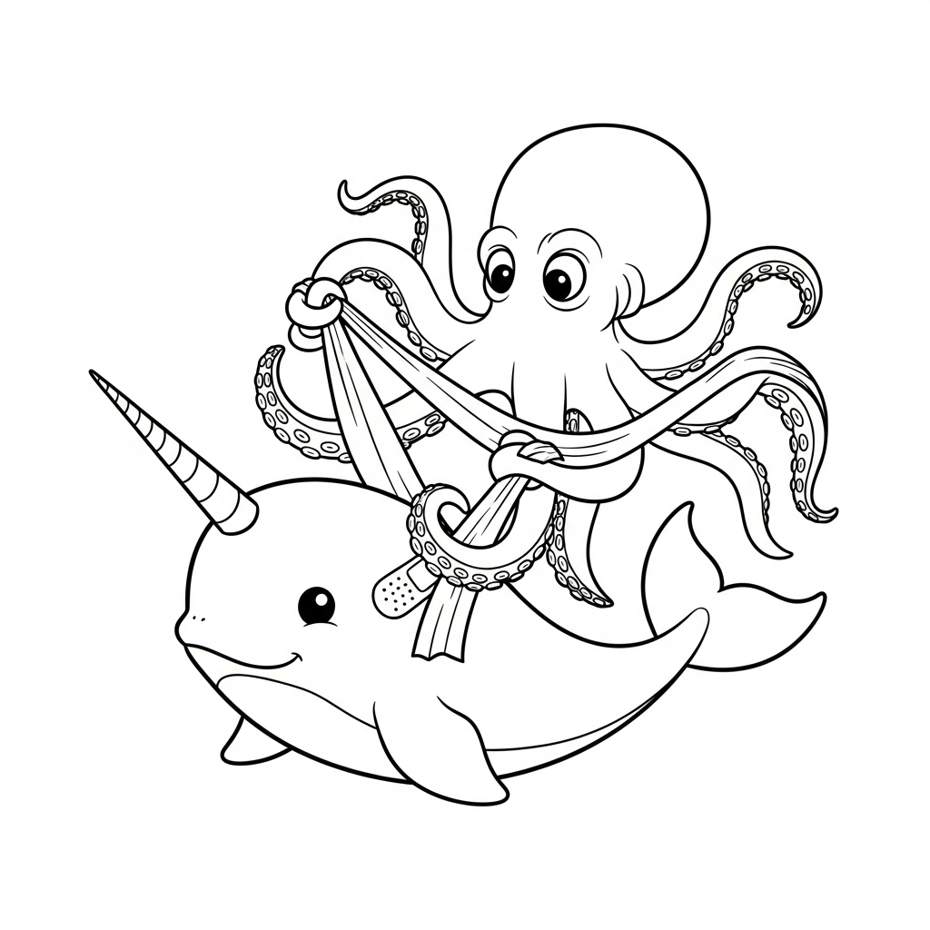 Narwhal and Octopus Friendship - Coloring.app, image size:1024x1024