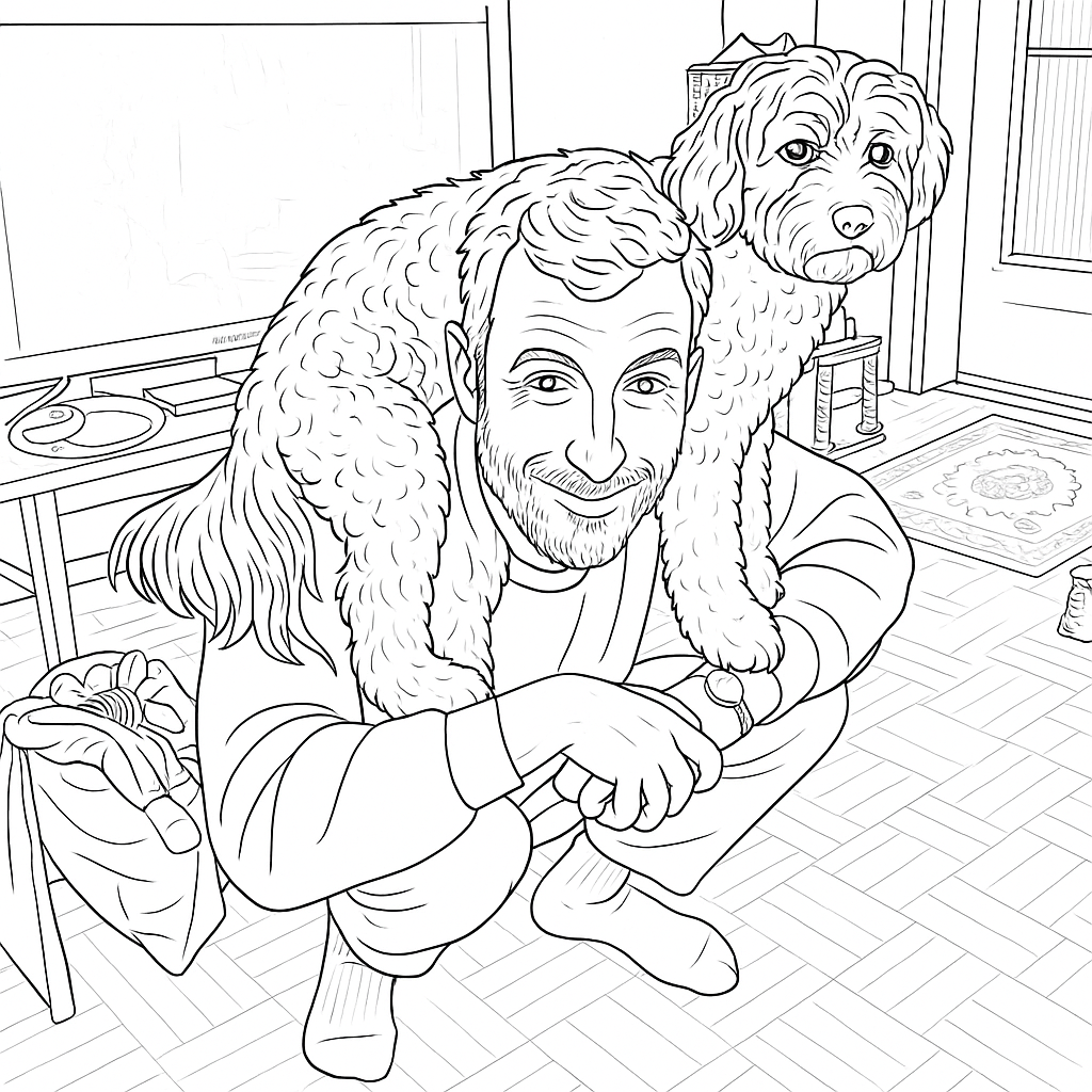 Playful Man and Dog Pose - Coloring.app, image size:1024x1024