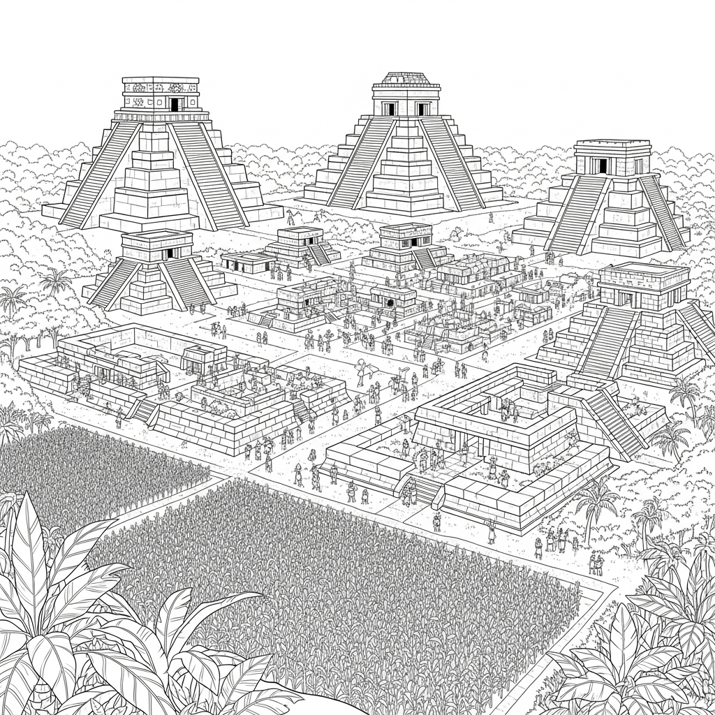 Aztec Pyramid Coloring Aztec Pyramid Line Drawing