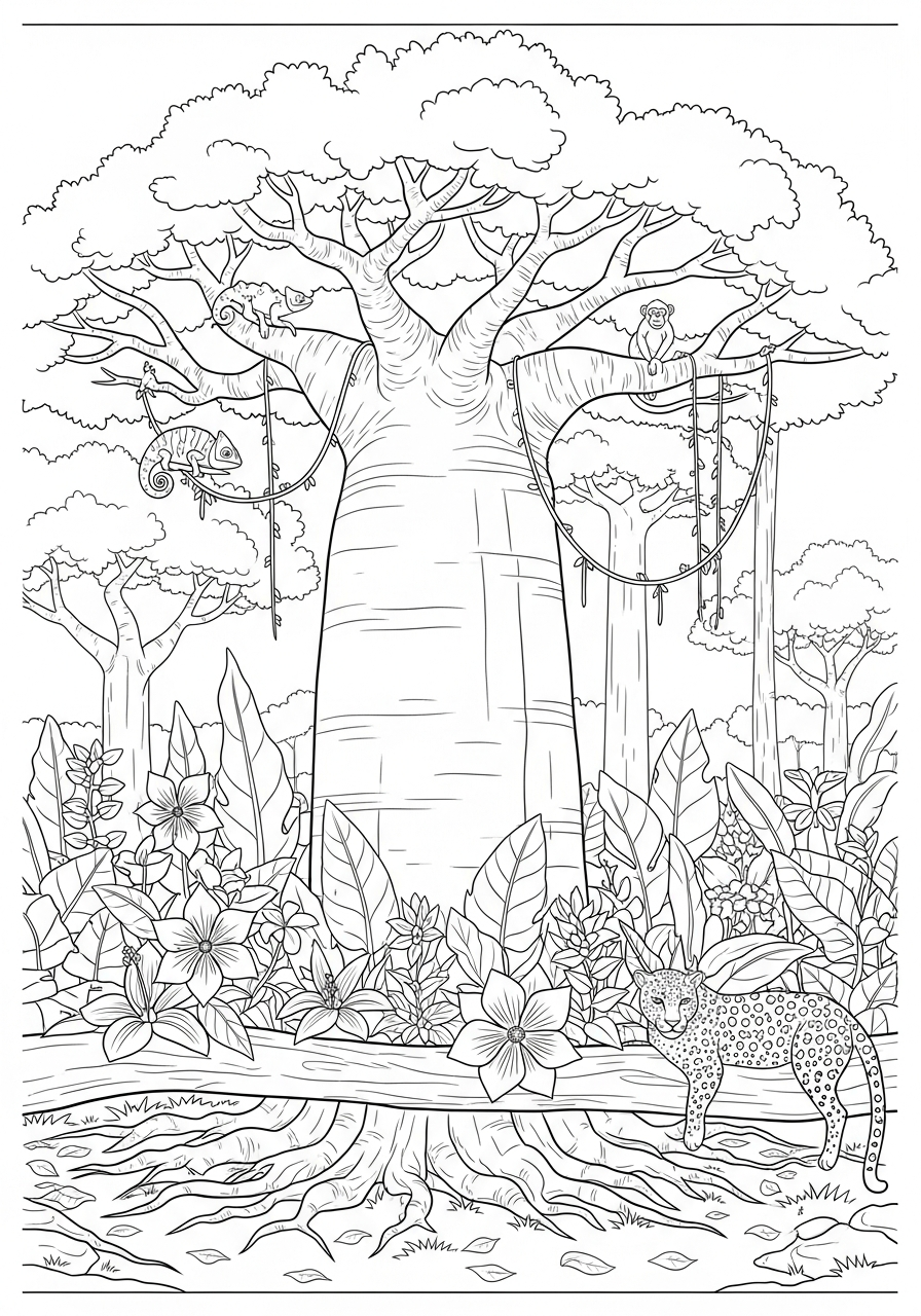Majestic Baobab Rainforest Journey - Coloring.app, image size:896x1280
