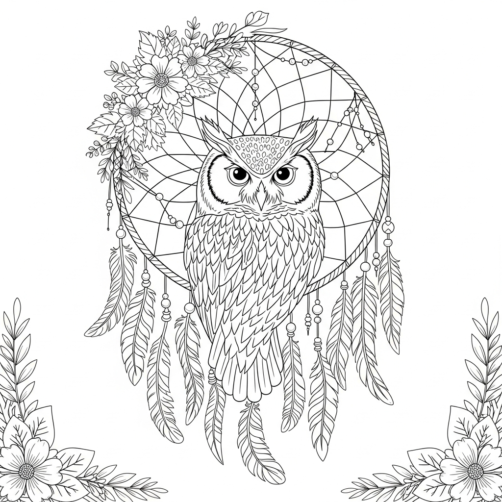 Owl Dream Catcher Floral Wonder - Coloring.app, image size:1024x1024