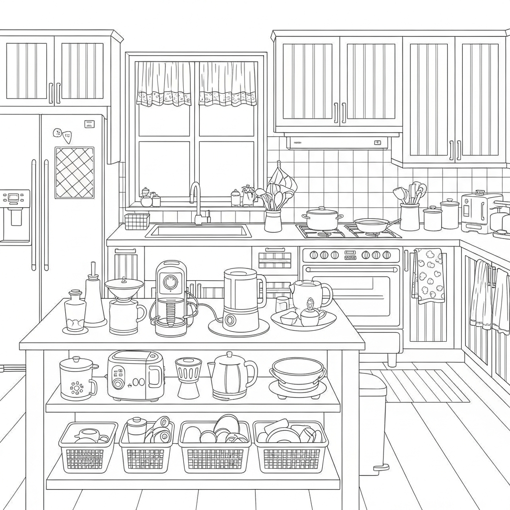 Cozy Kitchen Coloring Pages for Relaxation : r/coloringpages, image size:1024x1024